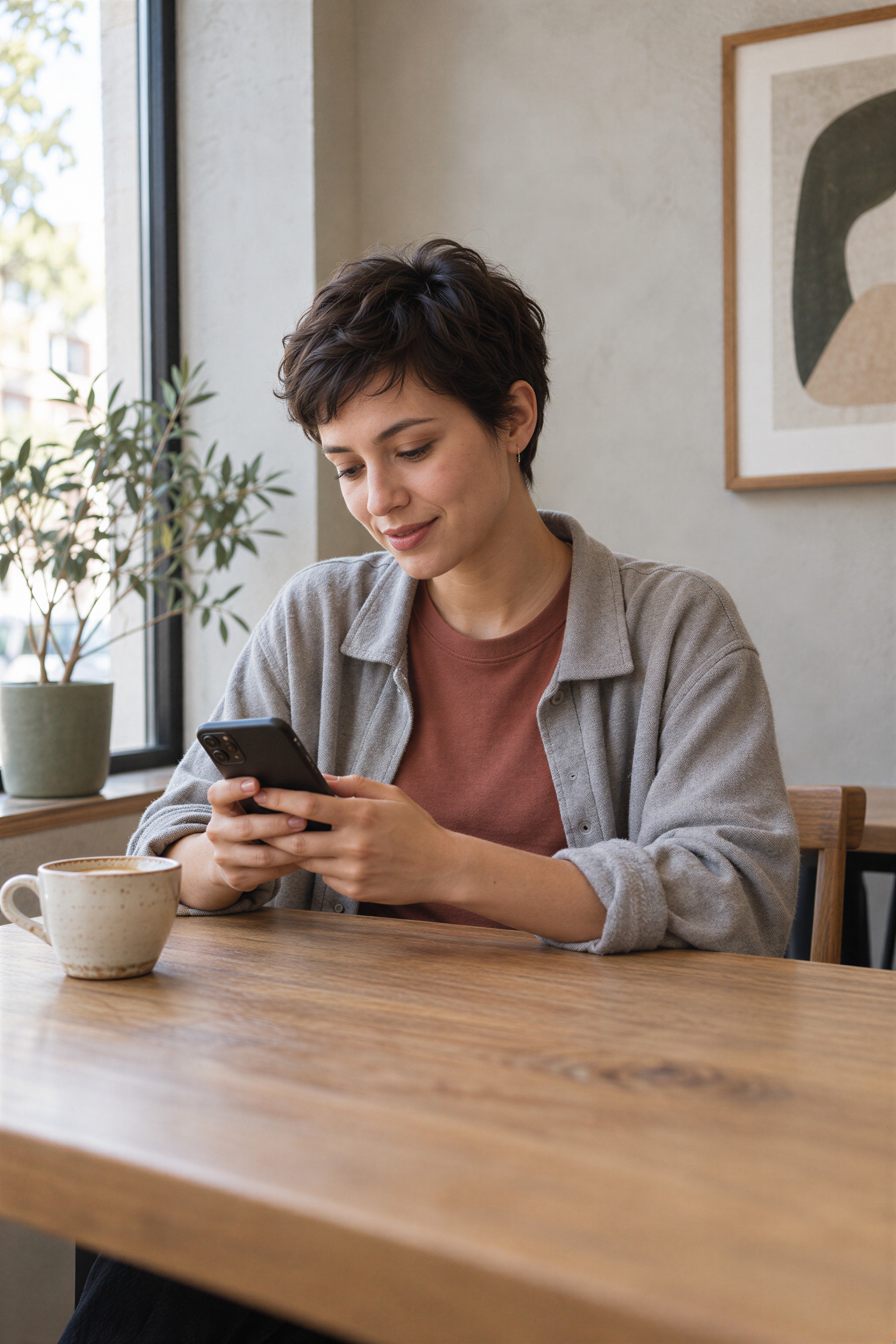 A woman using her phone in a bright cafe