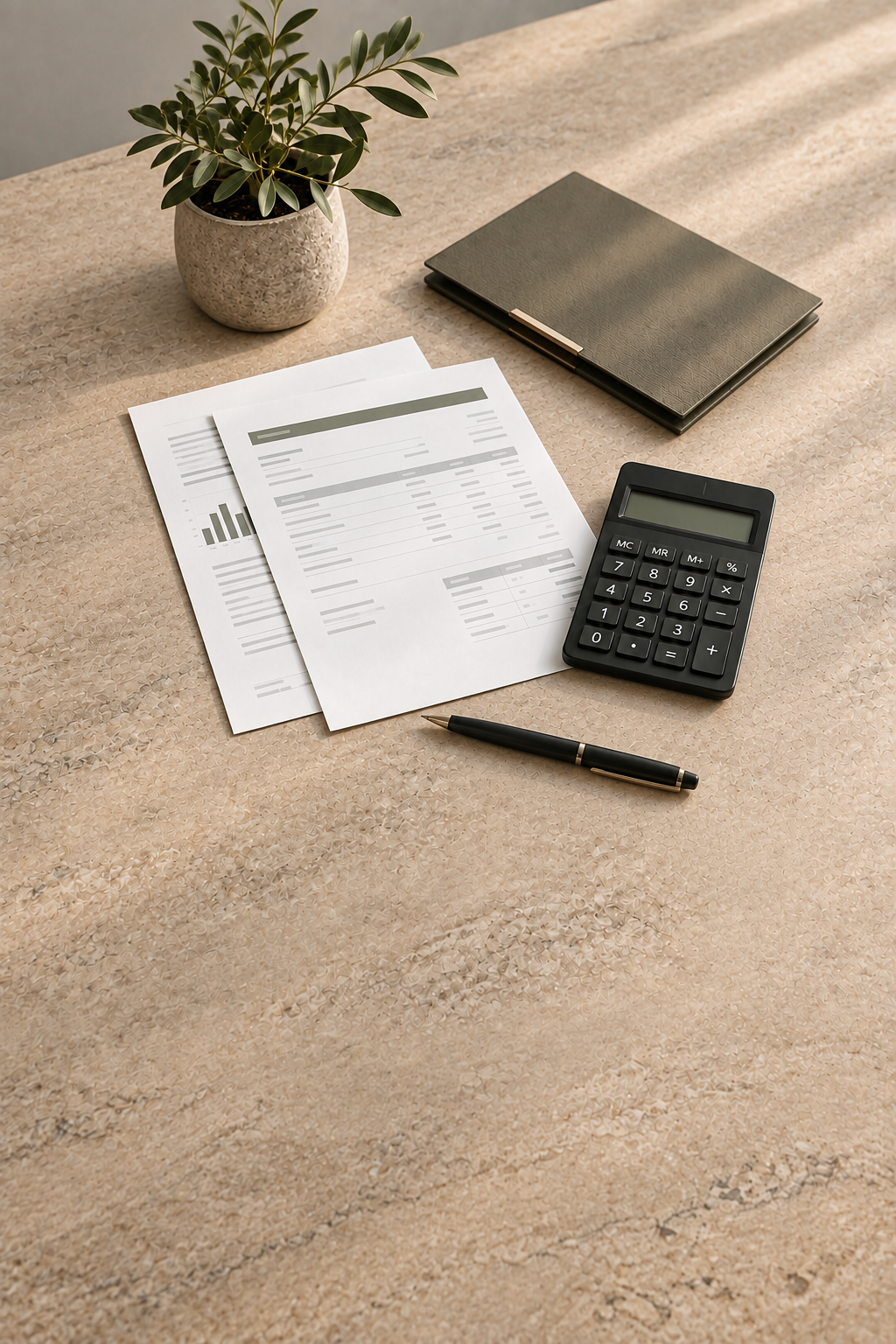 Business documents, a calculator, and a pen arranged on a stone desk
