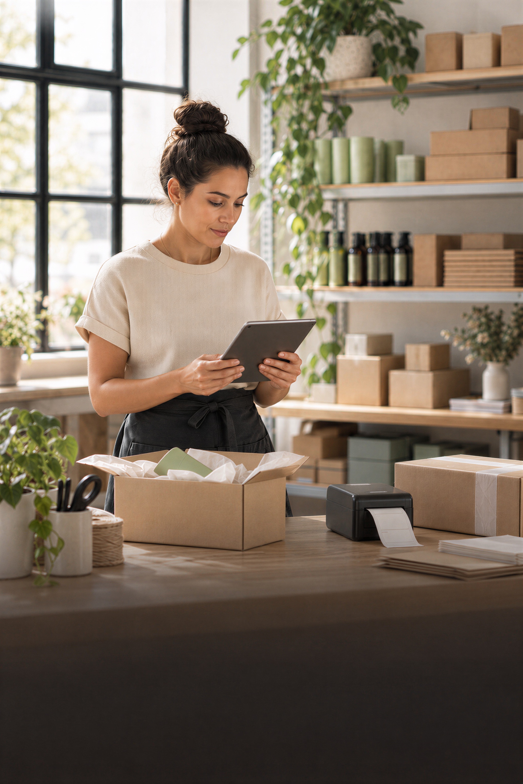 A small business owner reviewing an order on a tablet in her packing studio