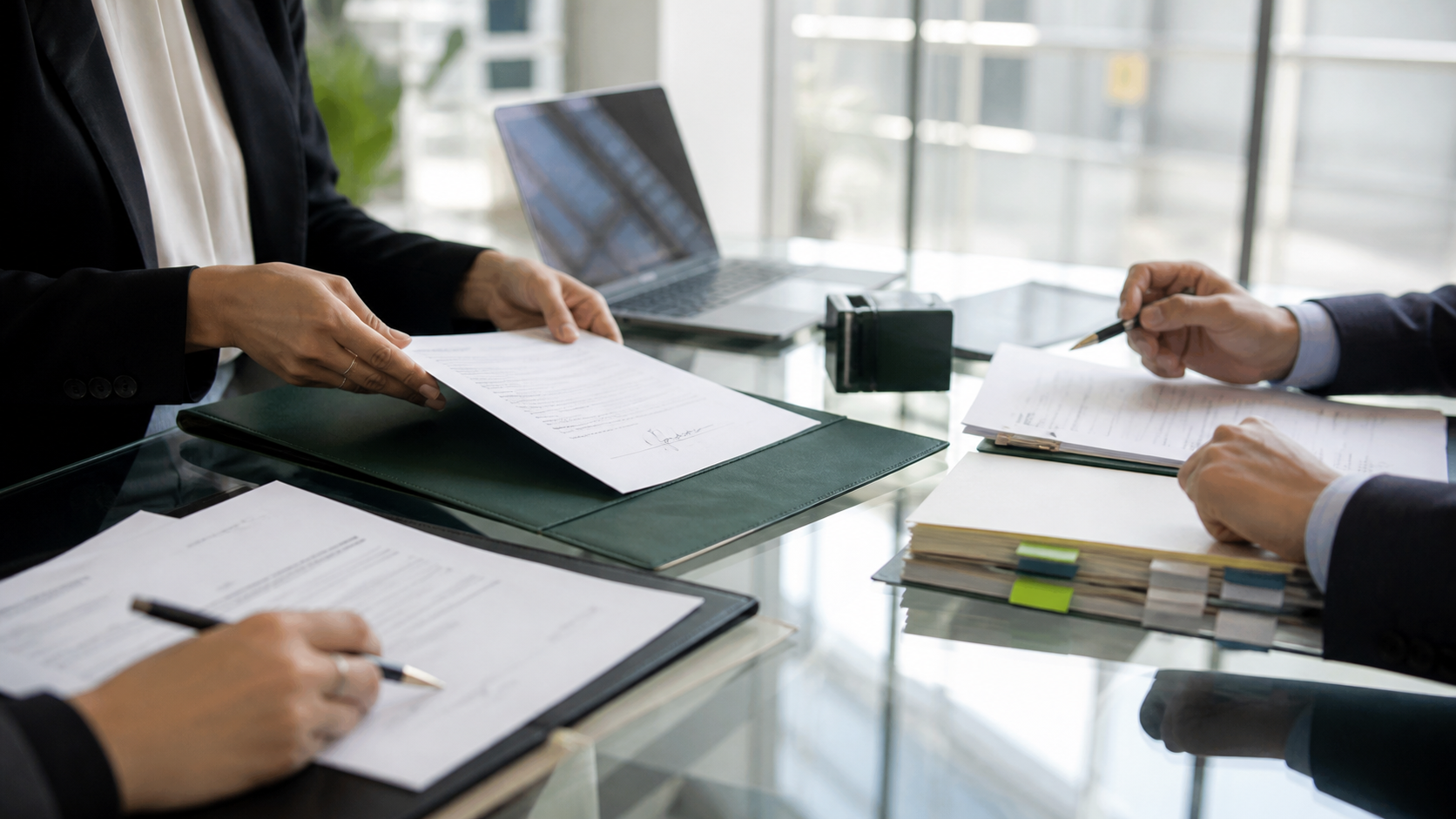 Professionals reviewing and signing employment contract documents