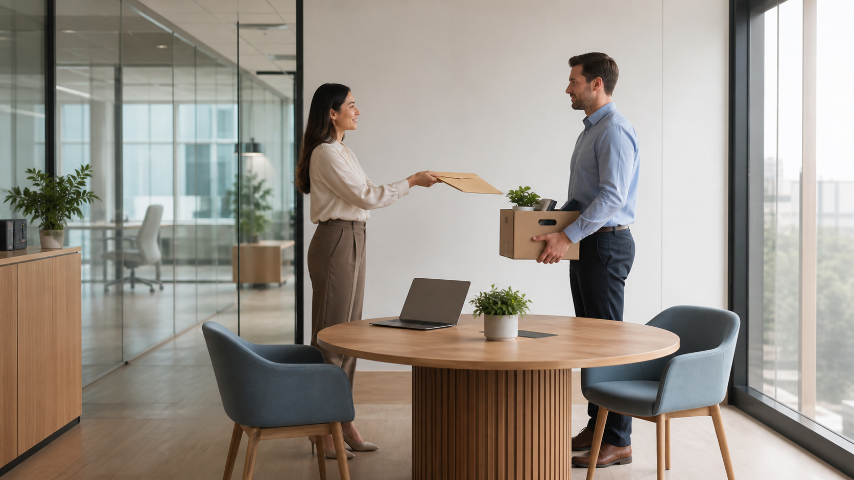 HR manager coordinating a respectful employee offboarding folder handoff