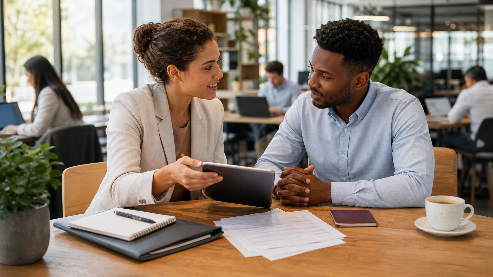 HR specialist guiding a new international employee through onboarding