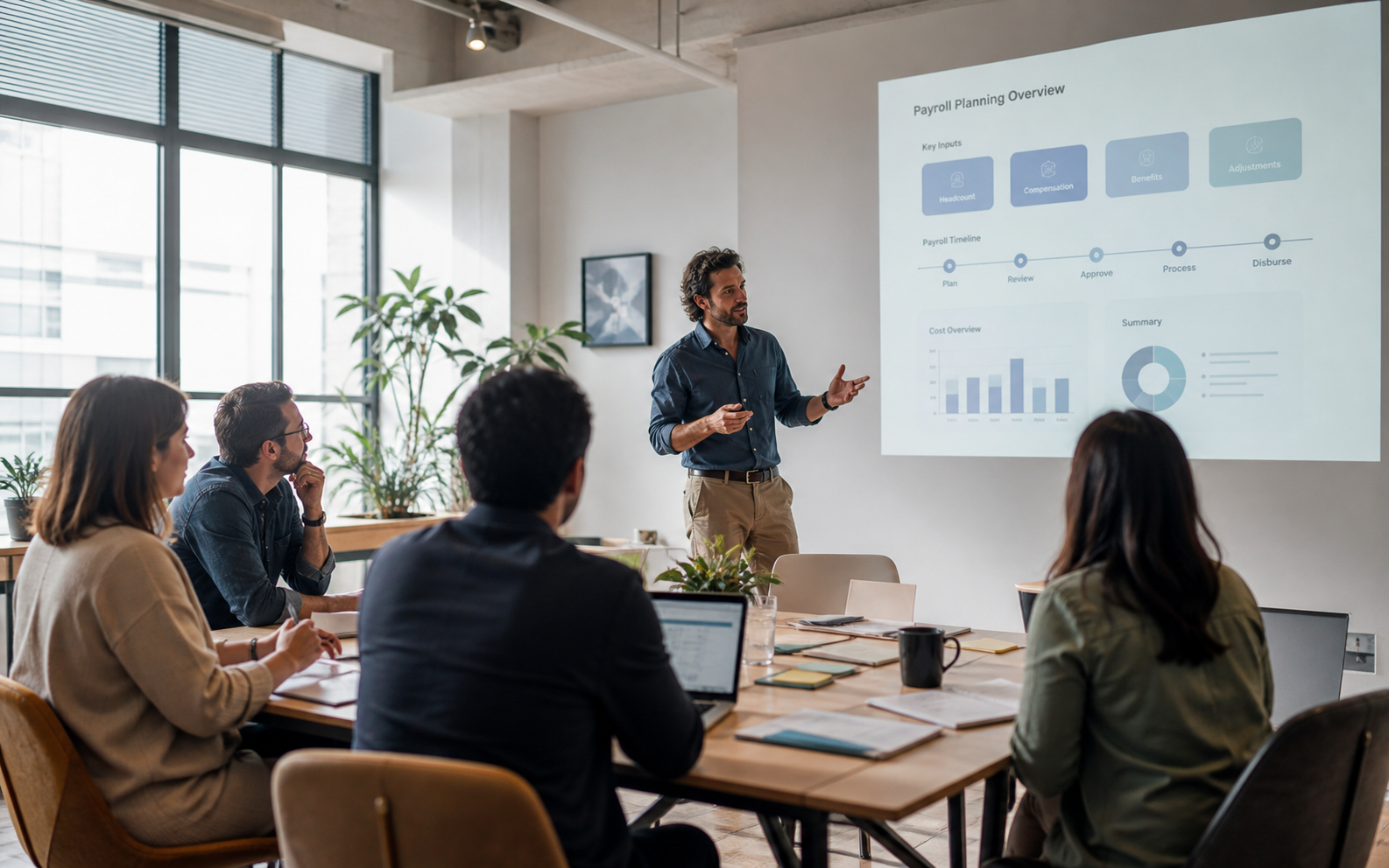 Payroll planning presentation in a realistic meeting room