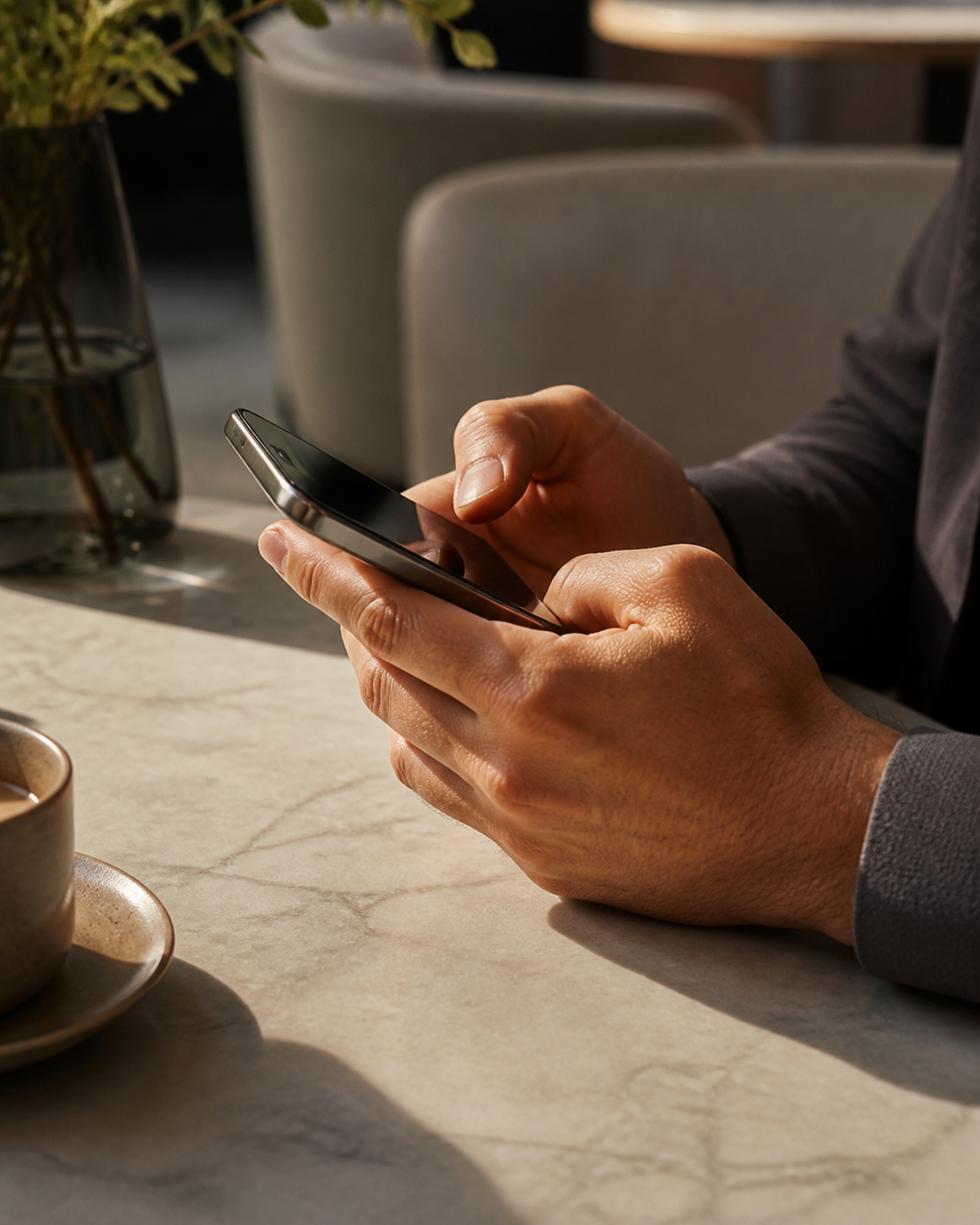 Professional hands using a smartphone at a cafe table
