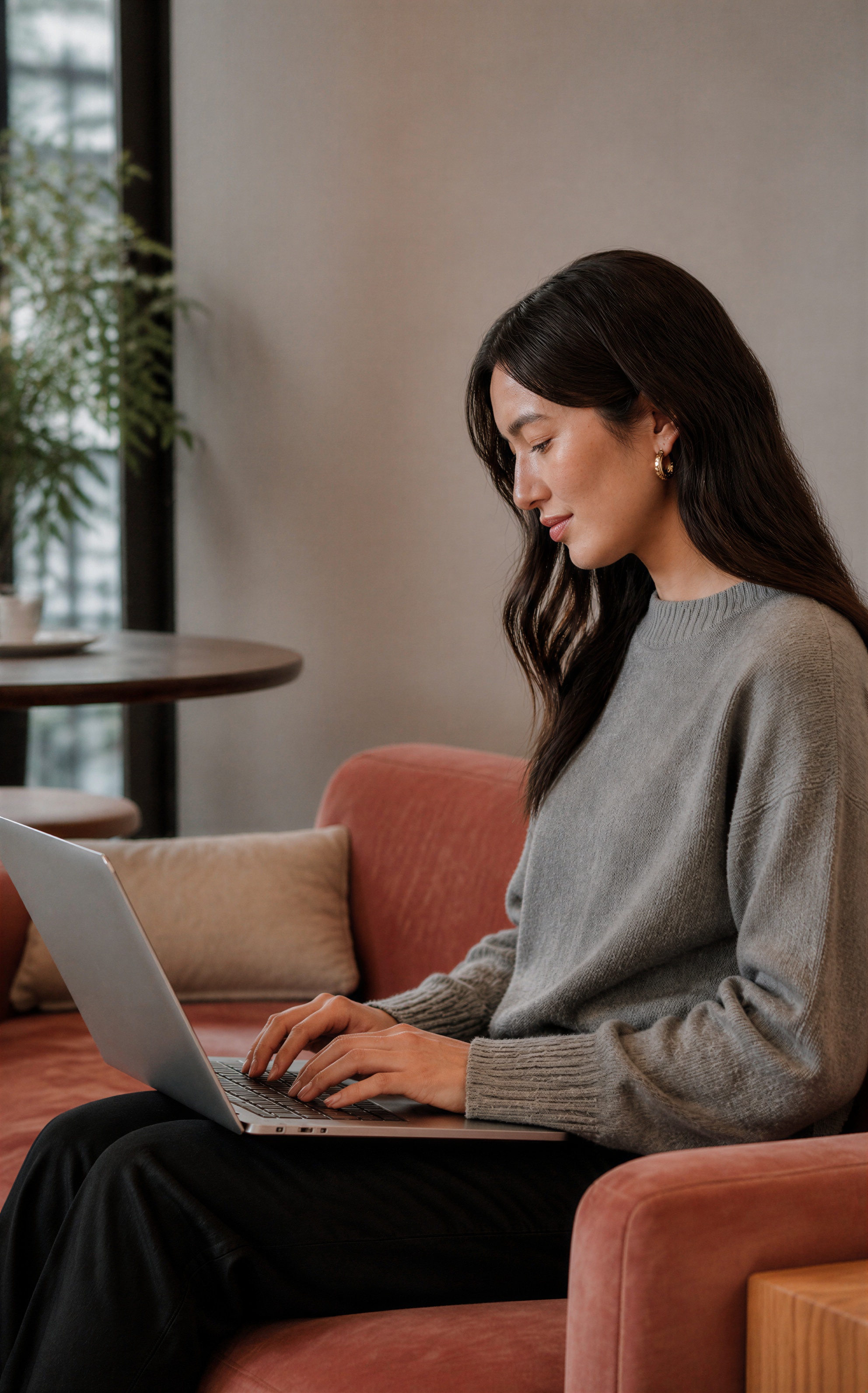 A woman working on a laptop while sitting on a sofa